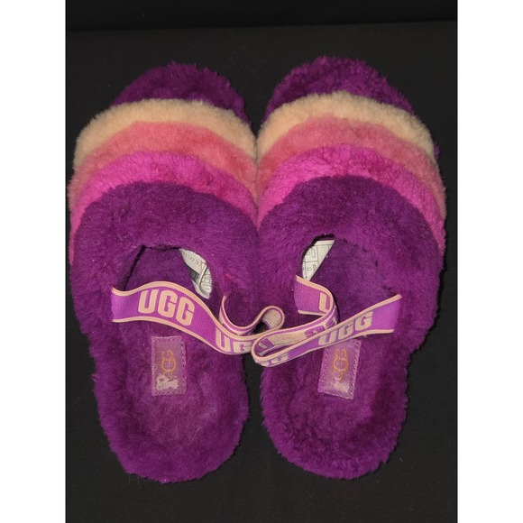 UGG Oh Yeah Fluffy Purple Multi Color Striped Fur Slingback Slides Sandal Size 7 - Picture 7 of 10